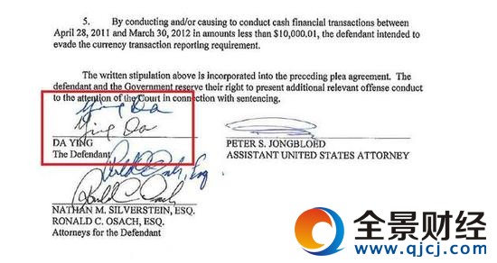 英達在聯邦檢察官辦公室出具的認罪書上簽字